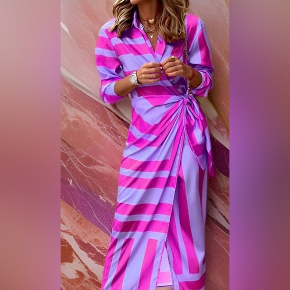 OLIVIA Women’s PRINTED Wrap SHIRT DRESS Lavender Fuchsia Medium NWOT - Picture 1 of 15